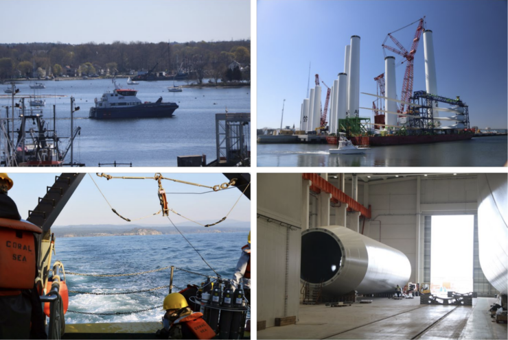 A group of four photos showing various offshore wind and port development activities